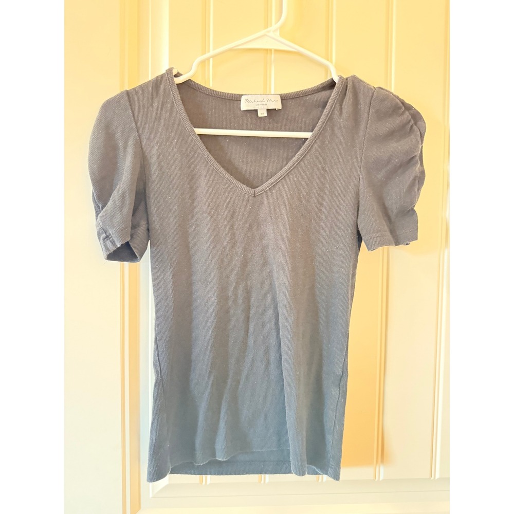 Michael Stars Los Angeles‎ Ribbed V-Neck Puff Short Sleeve Top black XS